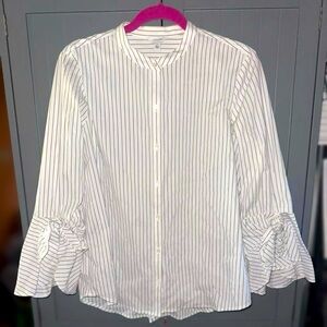 Women’s Calvin Klein Button-Down with Ruffle Tie 3/4 Sleeve - Grey/White - Large